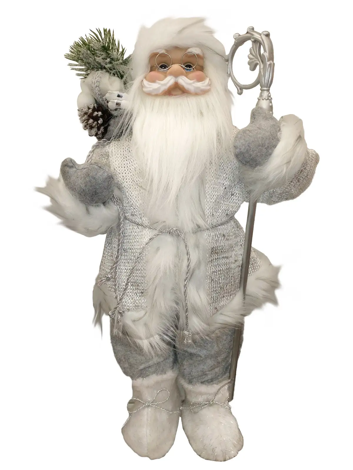 2 FT White Coat Santa With Bag & Staff 3 2 FT White Coat Santa With Bag & Staff