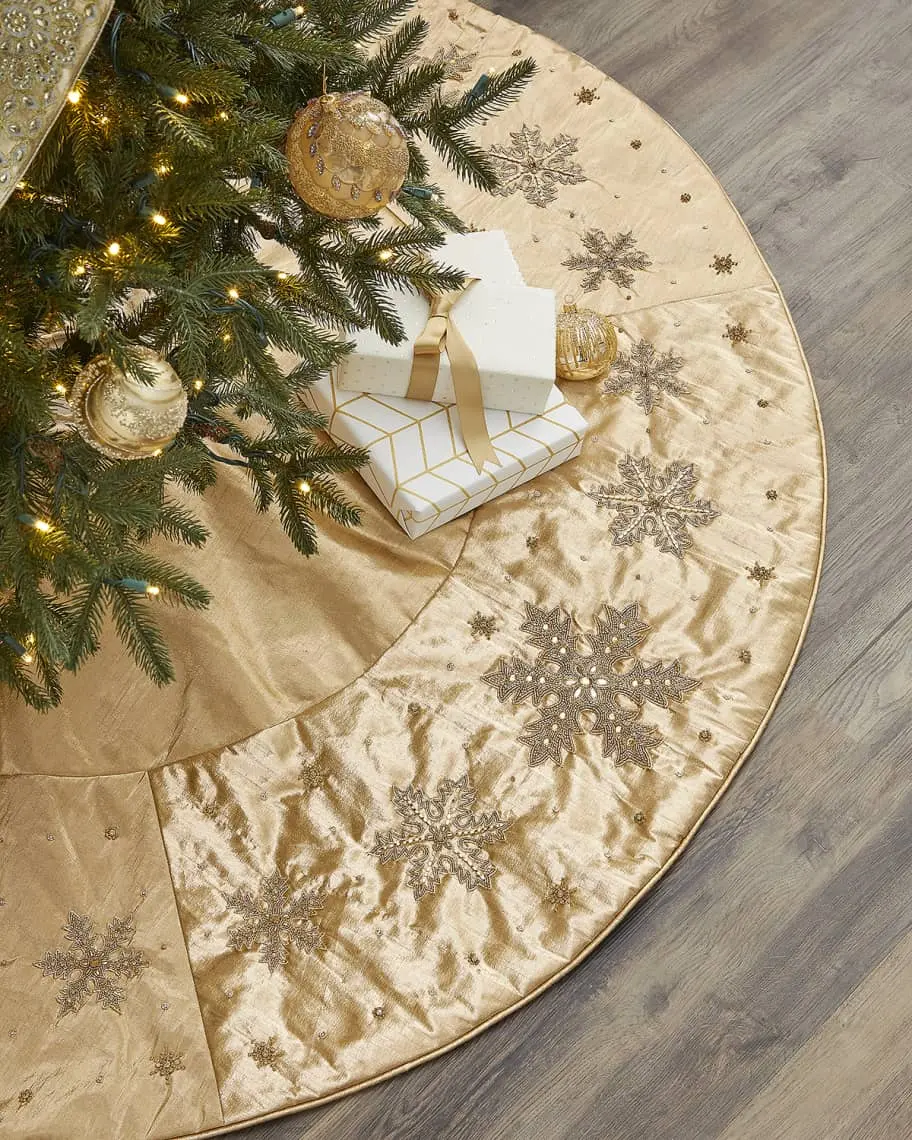 64" Metallic Gold Dupion With Beaded Snowflakes Tree Skirt 3 64" Metallic Gold Dupion With Beaded Snowflakes Tree Skirt