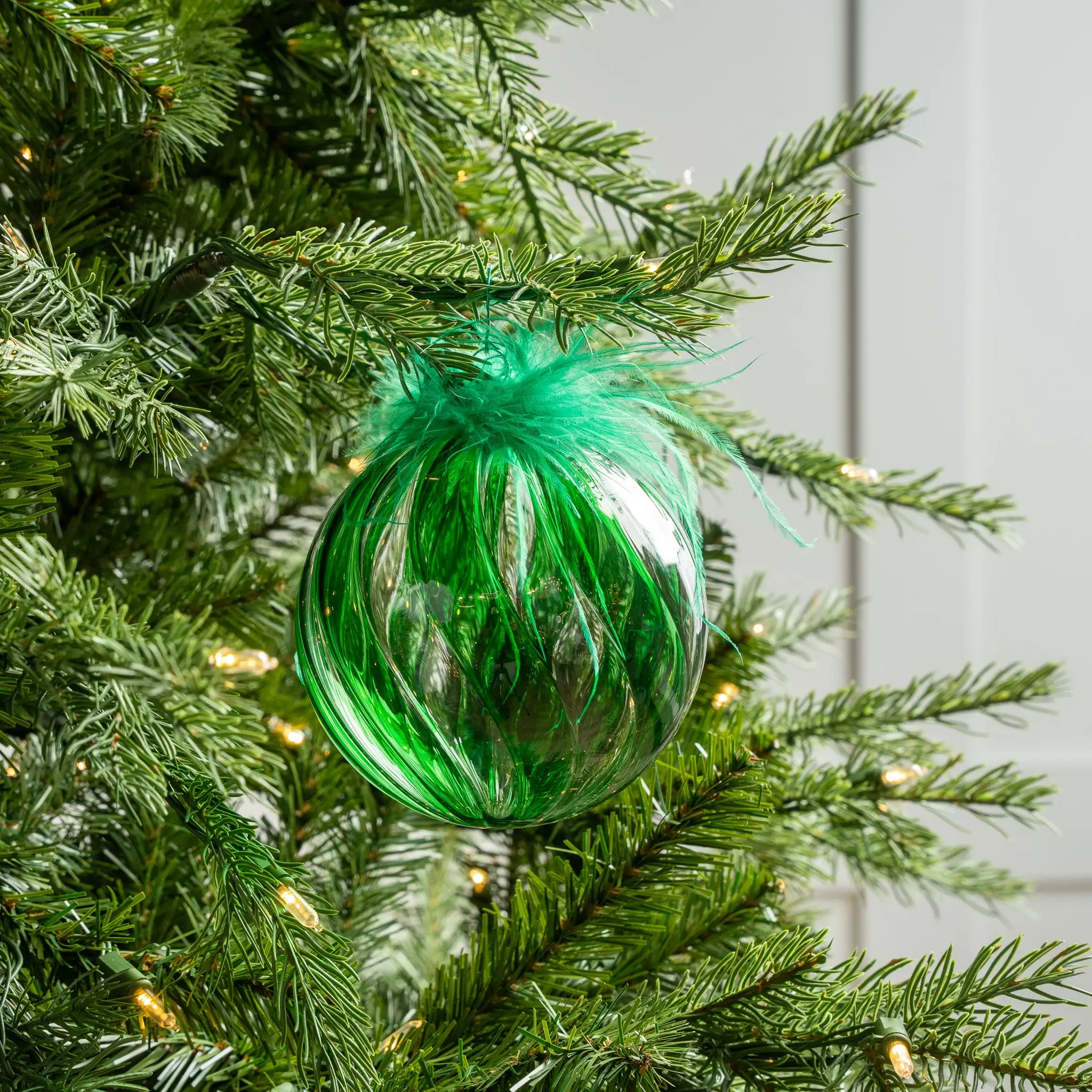 5" Green Feathered Glass Ball Ornament Set Of 9 4 5" Green Feathered Glass Ball Ornament Set Of 9 - Image 2