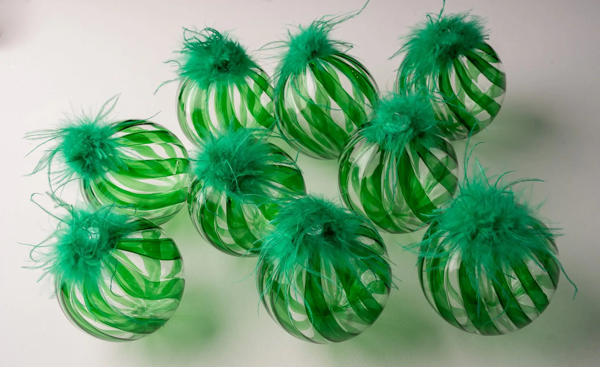 5" Green Feathered Glass Ball Ornament Set Of 9 3 5" Green Feathered Glass Ball Ornament Set Of 9