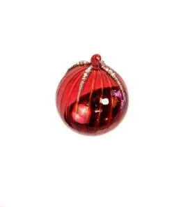 5" Red Glass Ball With White Beads Ornament Set Of 6