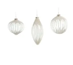 4" Crystal White Beaded Ornament Assorted Set Of 12