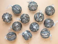 4" Crystal With Black Glitter Assorted Ornament Set Of 12