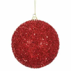 4" Red Tinsel Ball Ornament Set Of 12