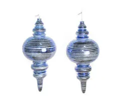 13" Blue & Silver Shiny Glitter Finial Set Of 2