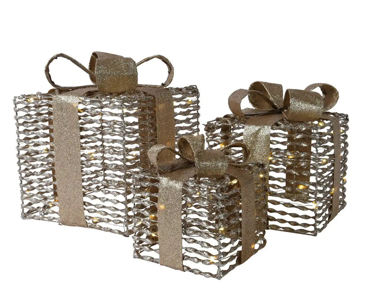 12" Battery Operated Gold Glitter Gift Box Set Of 3 3 12" Battery Operated Gold Glitter Gift Box Set Of 3