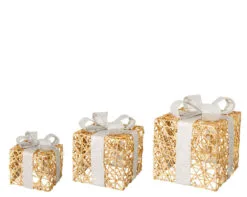 12" Gold & White Glitter Battery Operated Gift Box Set Of 3