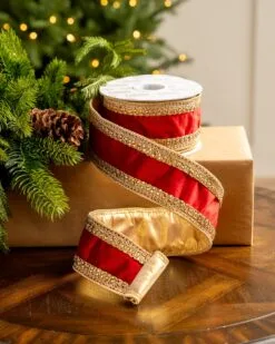 2.5" X 10YD Red Velvet Ribbon With Gold Back & Crochet Trim