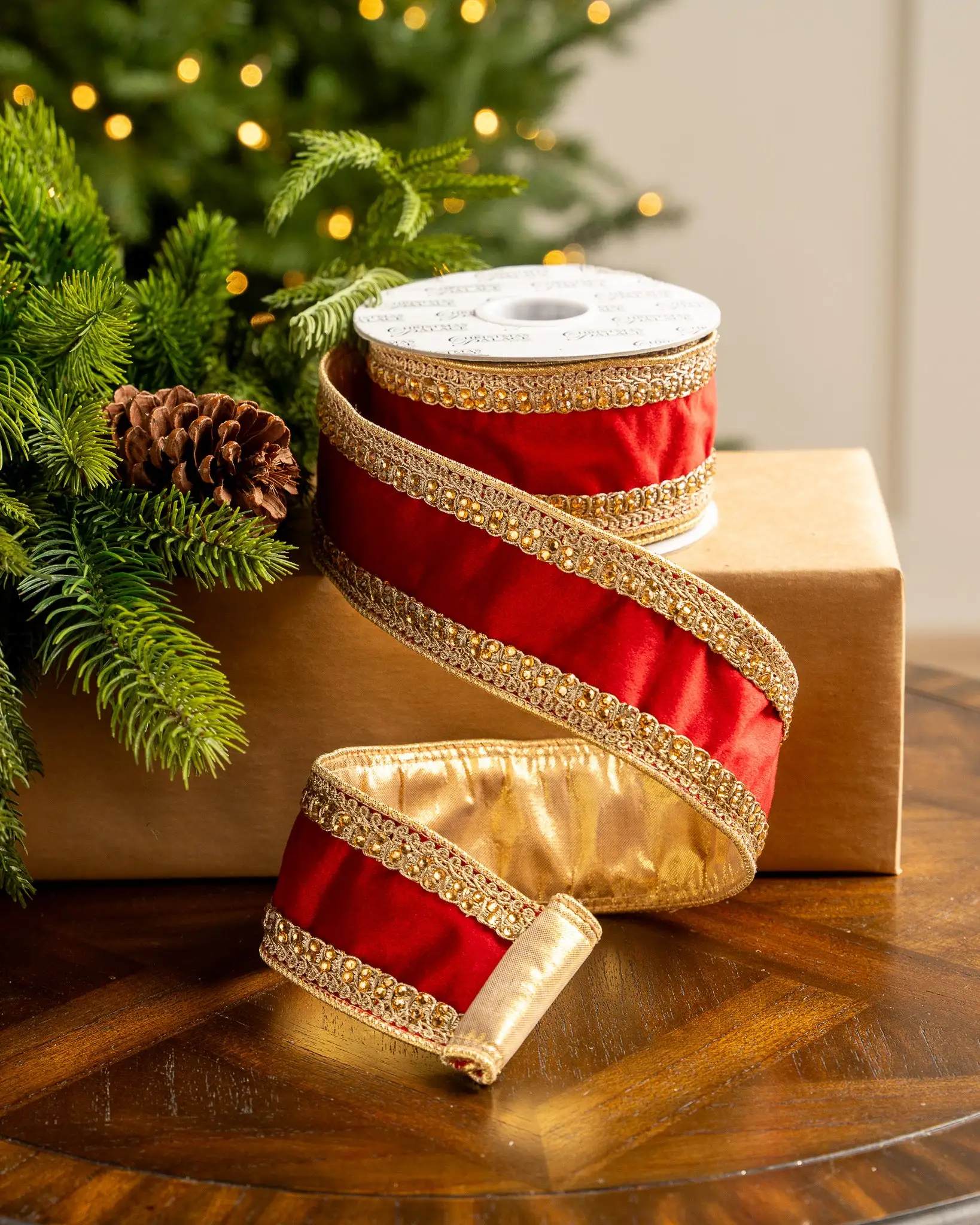 2.5" X 10YD Red Velvet Ribbon With Gold Back & Crochet Trim 3 2.5" X 10YD Red Velvet Ribbon With Gold Back & Crochet Trim