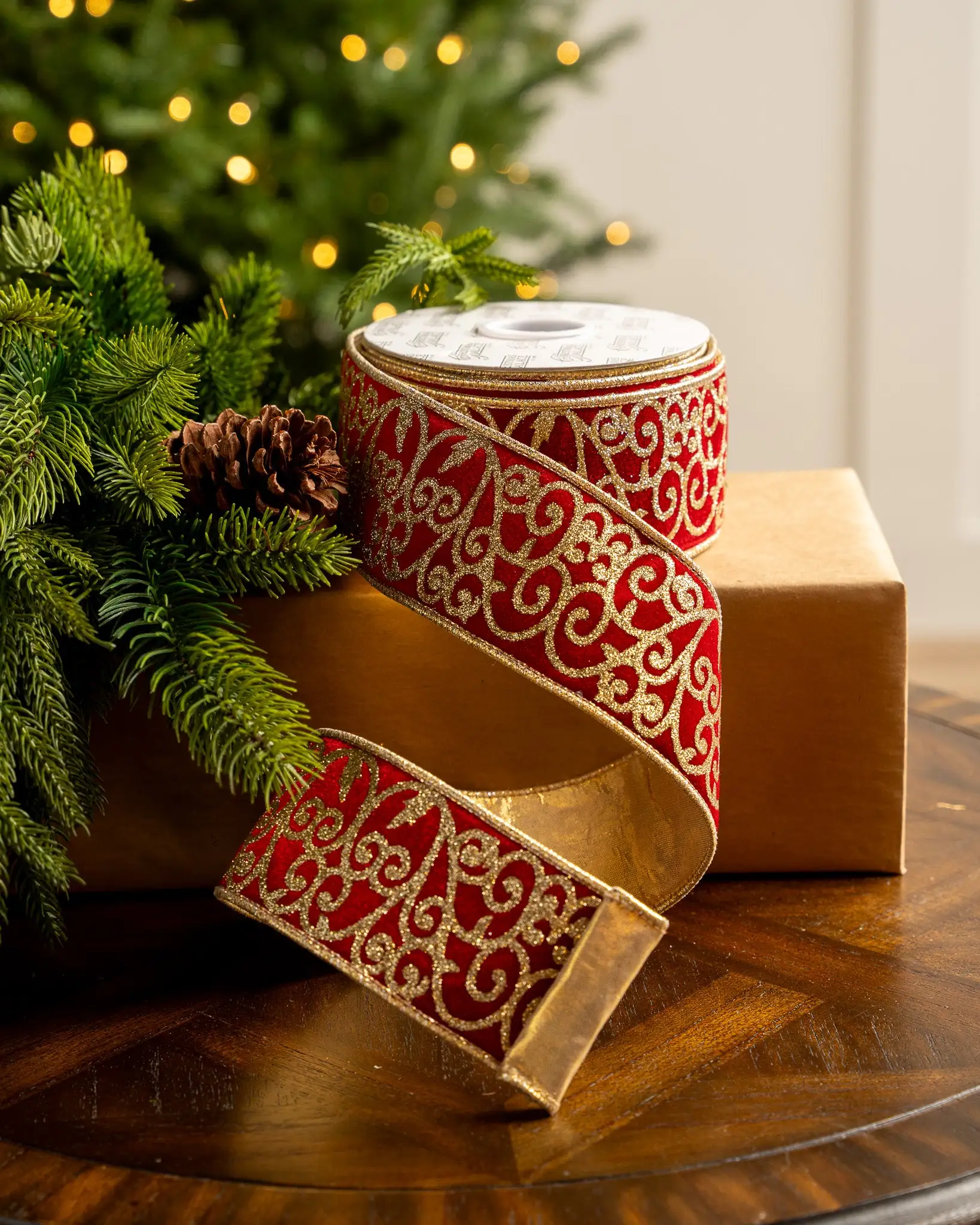 2.5" X 10YD Red Velvet Ribbon With Gold Glitter Filigree 3 2.5" X 10YD Red Velvet Ribbon With Gold Glitter Filigree