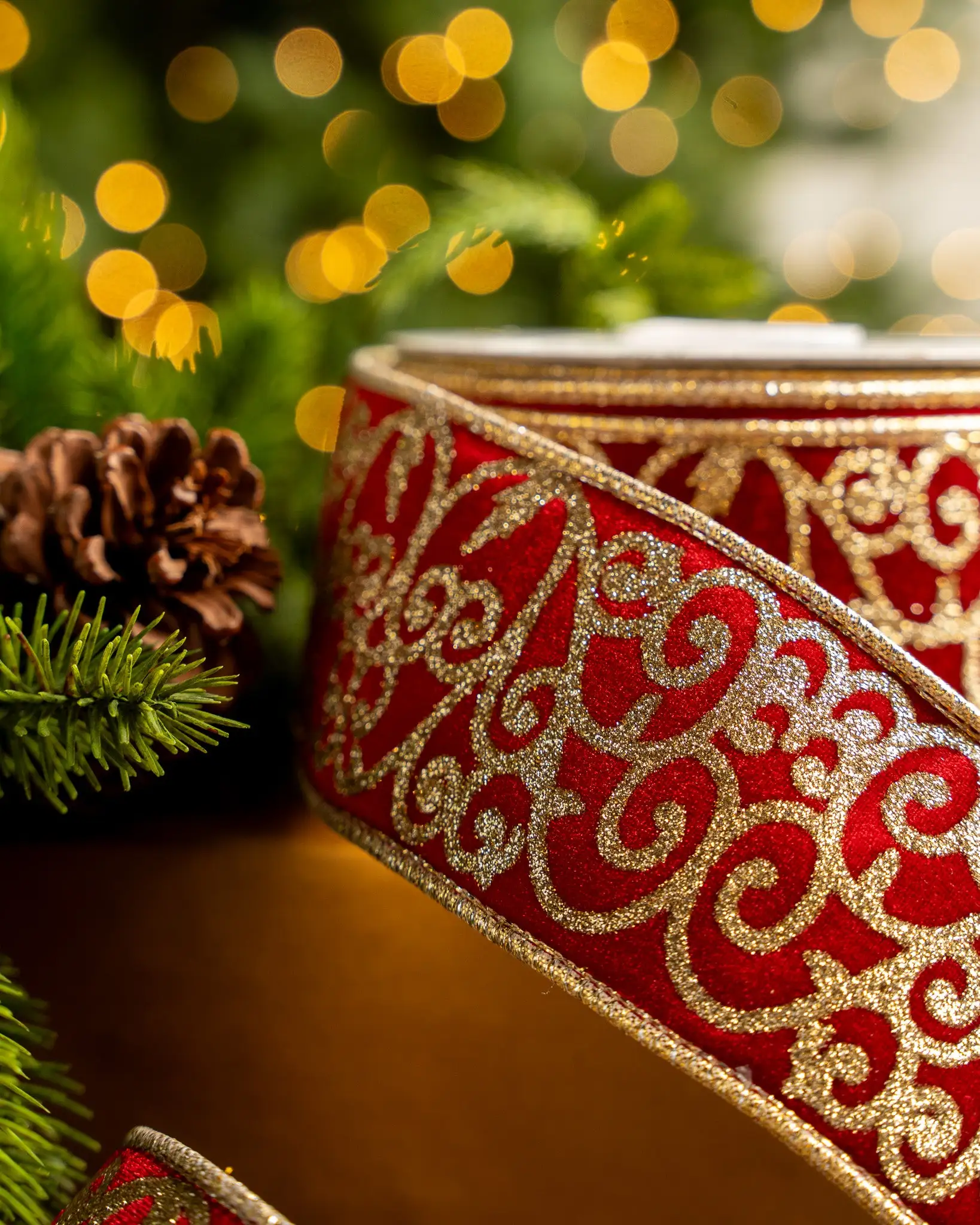 2.5" X 10YD Red Velvet Ribbon With Gold Glitter Filigree 4 2.5" X 10YD Red Velvet Ribbon With Gold Glitter Filigree - Image 2