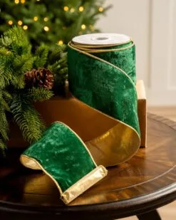 4" X10YD Emerald Velvet Ribbon With Gold Back & Edge