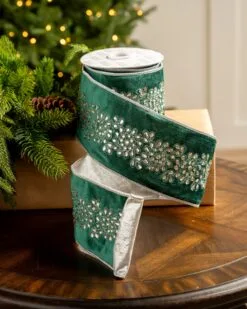 4" X5YD Green Velvet Ribbon With Silver Floral Jewel