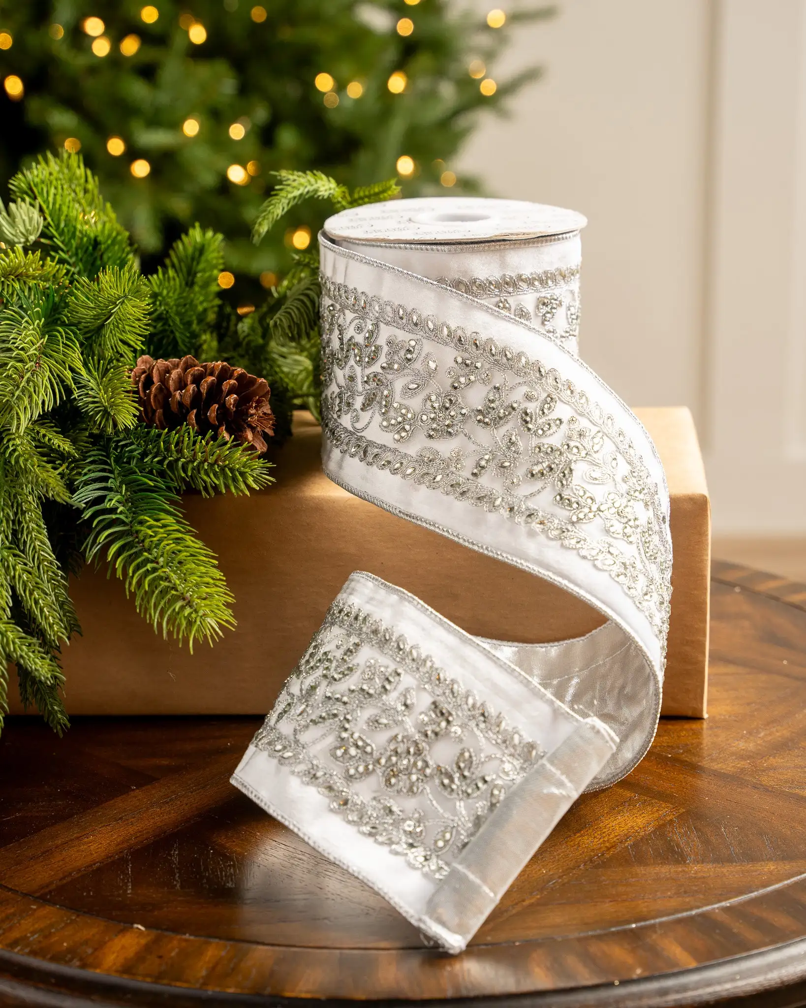 4" X5YD White Velvet Ribbon Beaded In Silver 3 4" X5YD White Velvet Ribbon Beaded In Silver