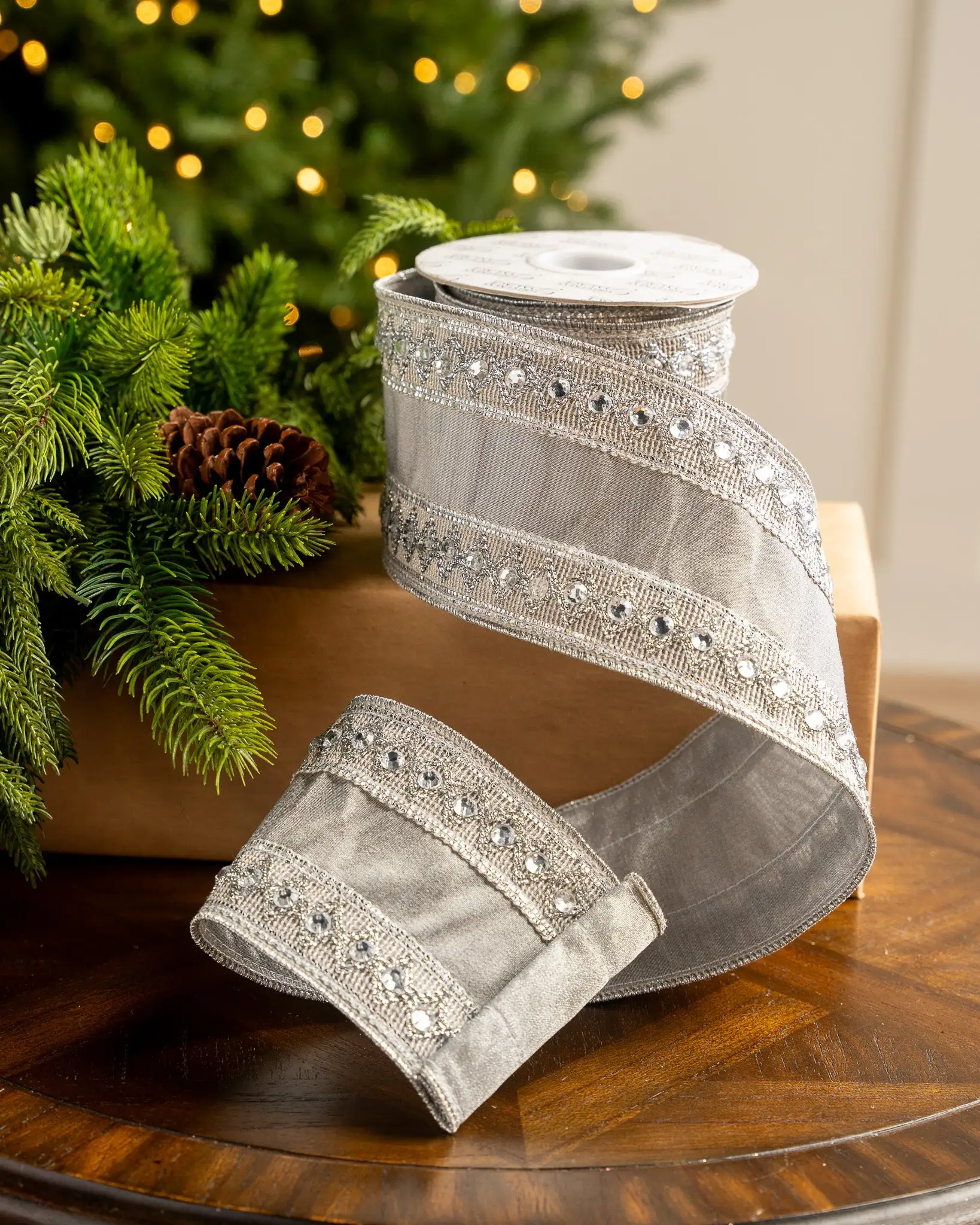 4" X5YD Silver Ribbon With Beaded Trim 3 4" X5YD Silver Ribbon With Beaded Trim