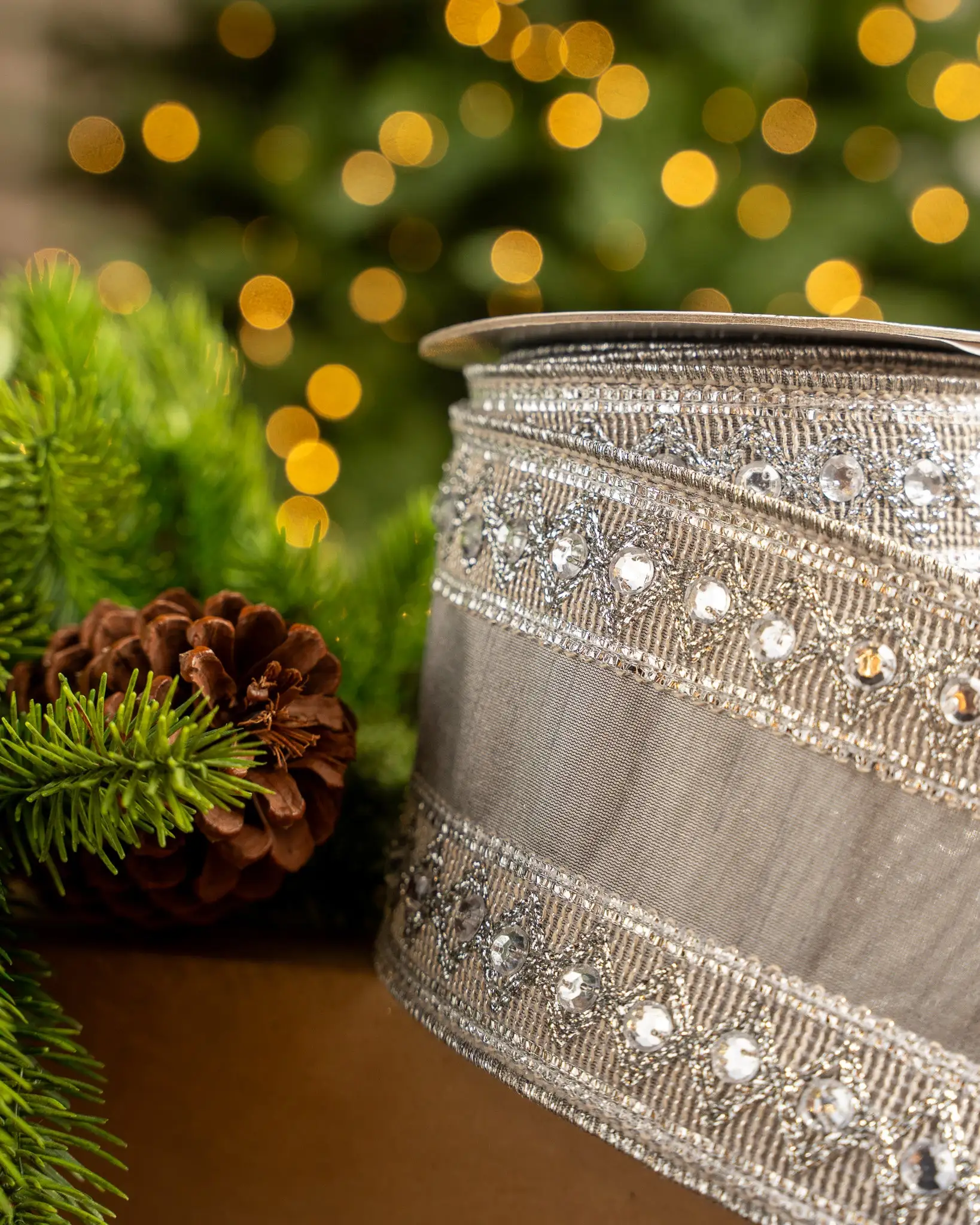 4" X5YD Silver Ribbon With Beaded Trim 4 4" X5YD Silver Ribbon With Beaded Trim - Image 2