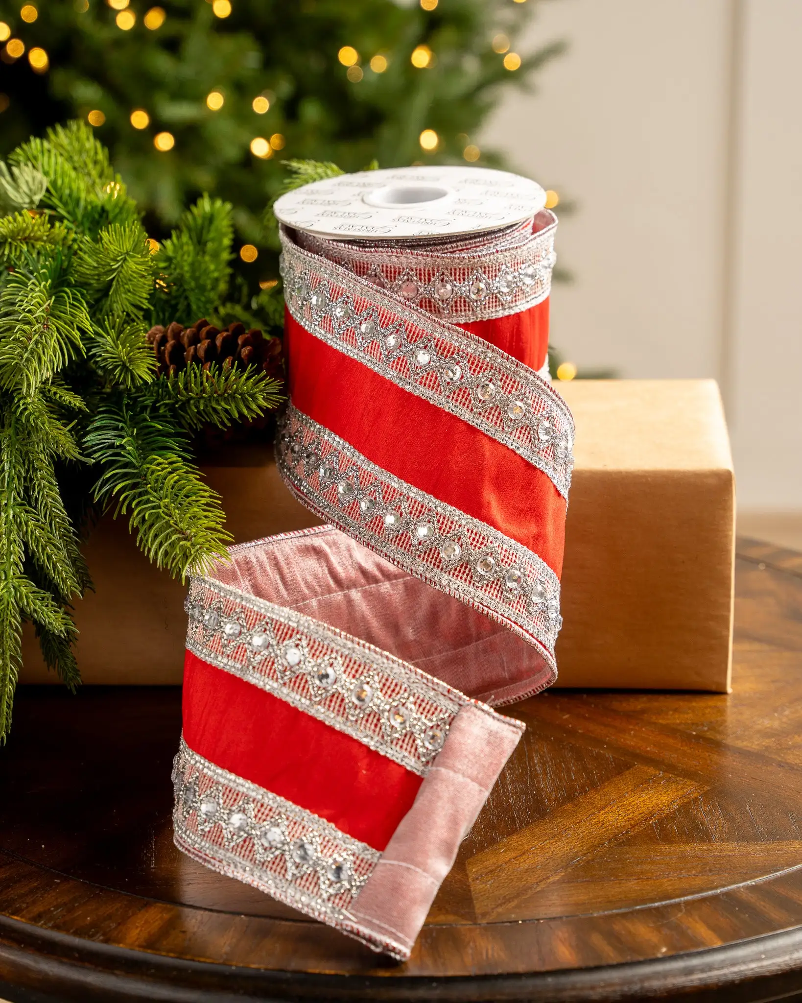 4" X5YD Red Ribbon With Silver Trim With Jewels 3 4" X5YD Red Ribbon With Silver Trim With Jewels