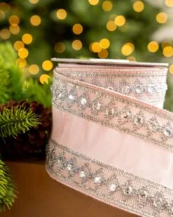 4" X5YD Pink Ribbon With Silver Beaded Trim -Christmas decorations Shop 0671474032 2