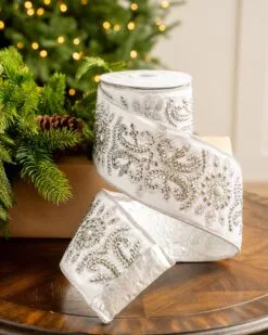 4" X5YD White Velvet Ribbon With Silver Beaded Jewels