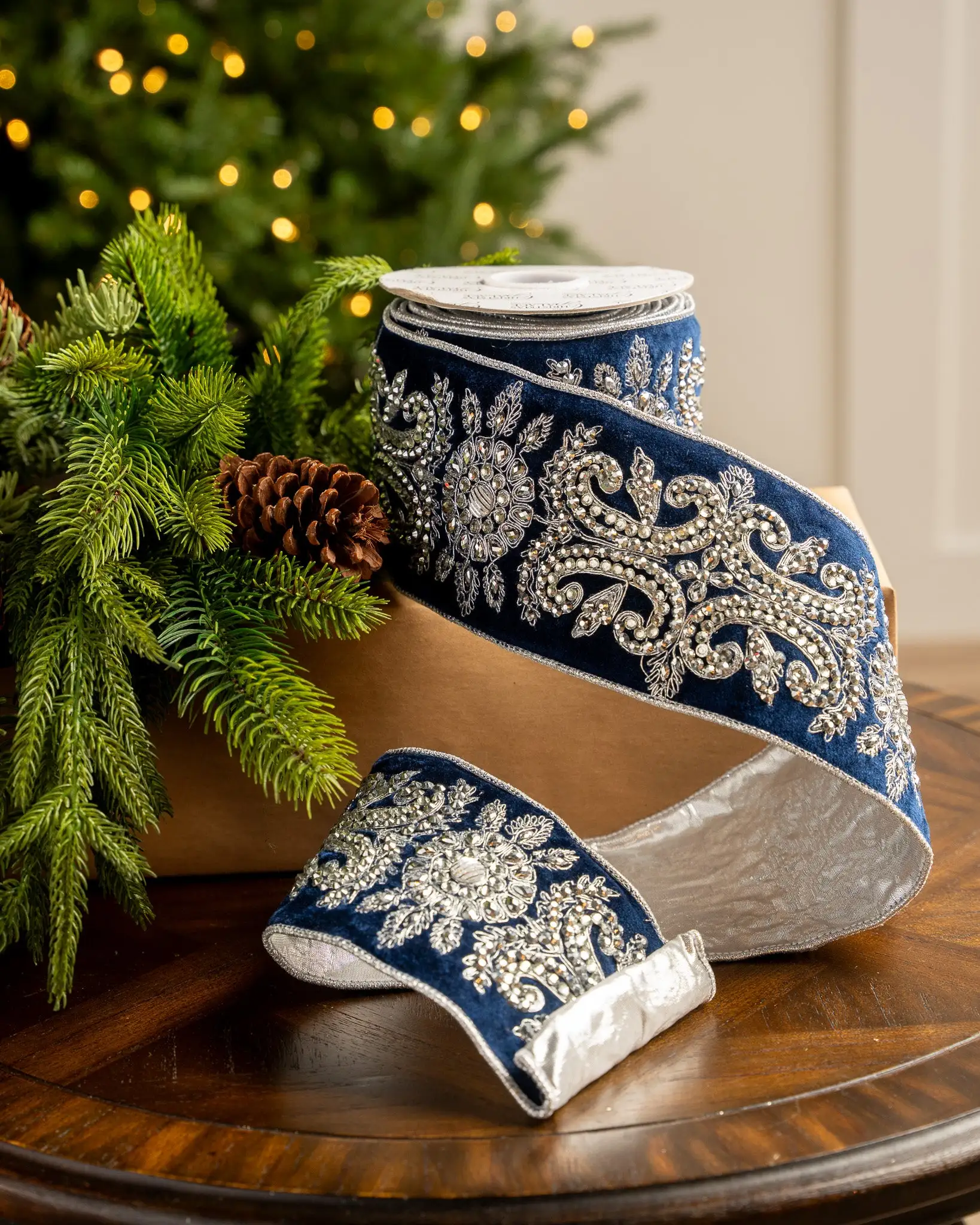 4" X5YD Navy Velvet Ribbon With Silver Beaded Jewels 3 4" X5YD Navy Velvet Ribbon With Silver Beaded Jewels