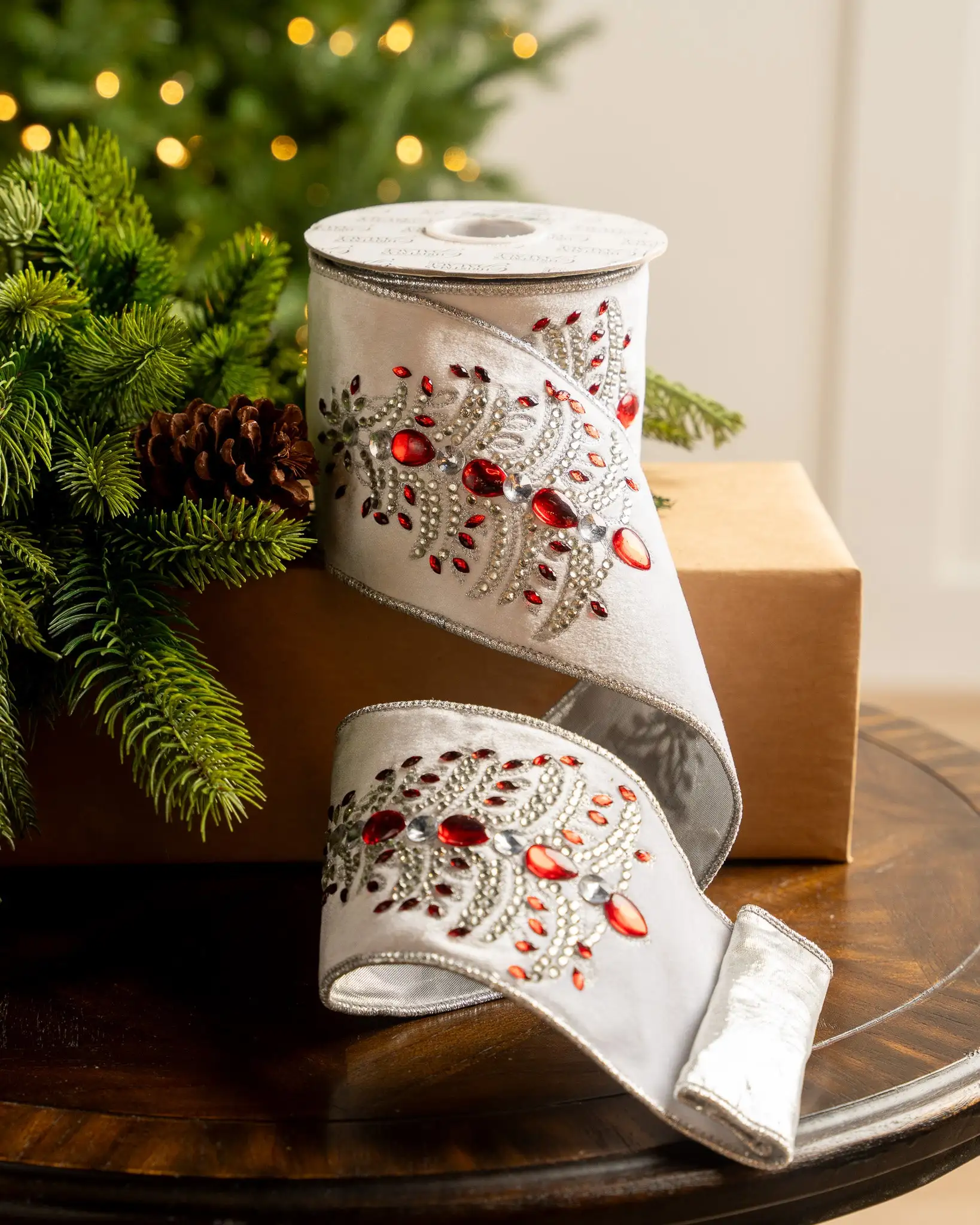 4" X5YD White Velvet Ribbon With Red Jewels 3 4" X5YD White Velvet Ribbon With Red Jewels