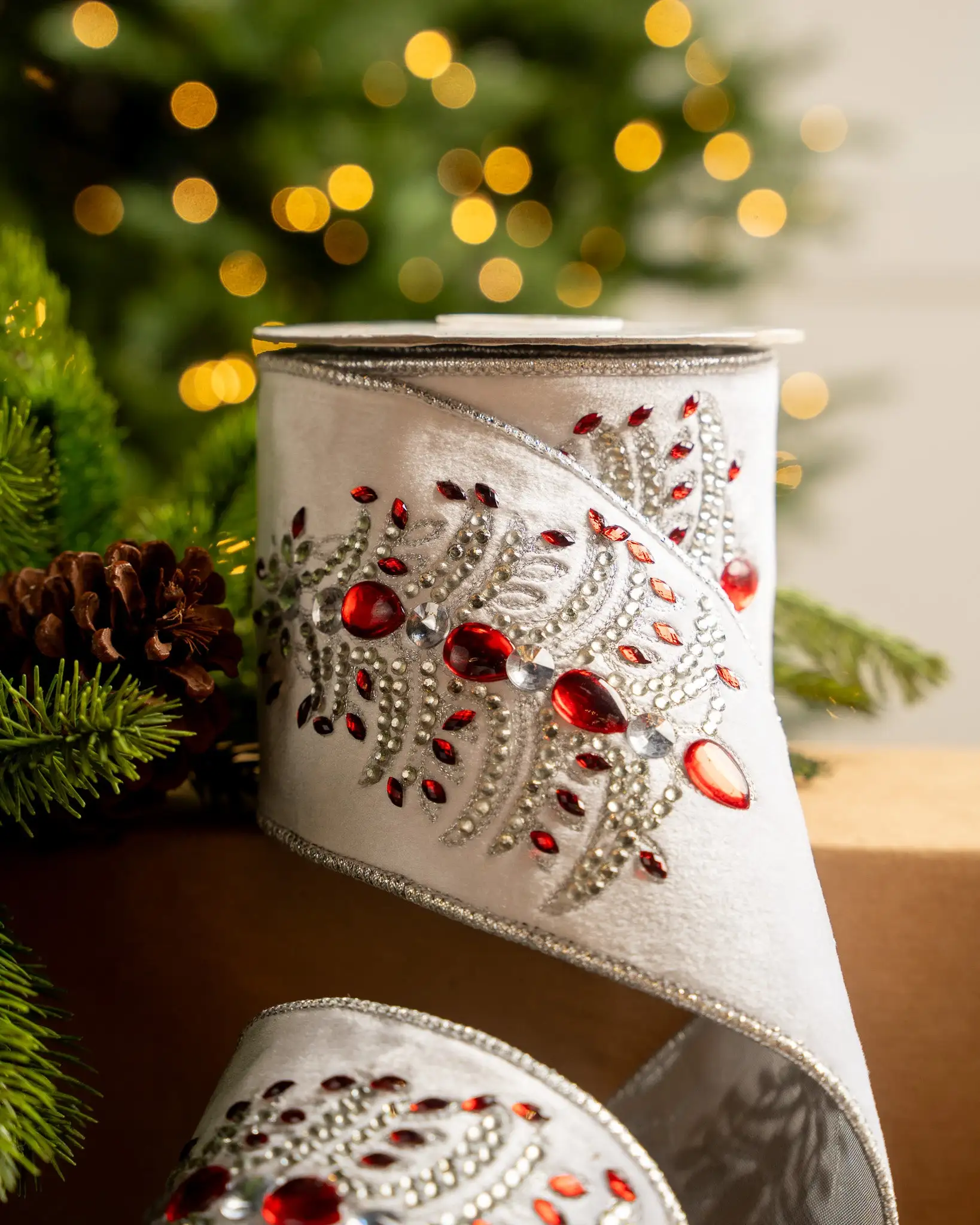 4" X5YD White Velvet Ribbon With Red Jewels 4 4" X5YD White Velvet Ribbon With Red Jewels - Image 2