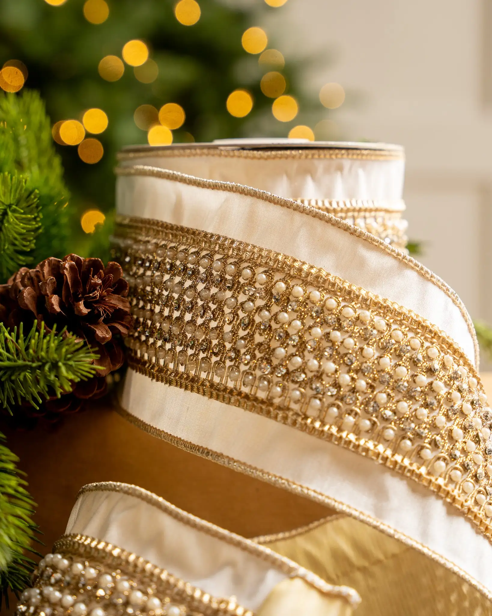 4" X5YD White Ribbon With Lattice Pearls 4 4" X5YD White Ribbon With Lattice Pearls - Image 2