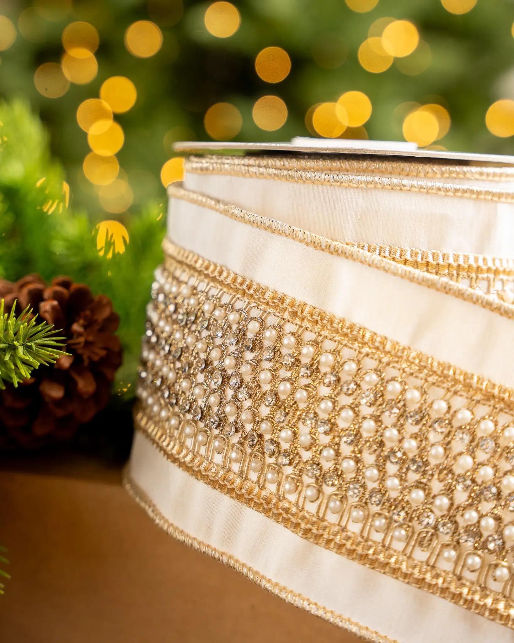 4" X5YD White Ribbon With Lattice Pearls 5 4" X5YD White Ribbon With Lattice Pearls - Image 3