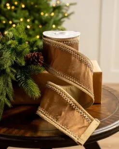 4" X5YD Brown With Gold Crotchet Trim Edge