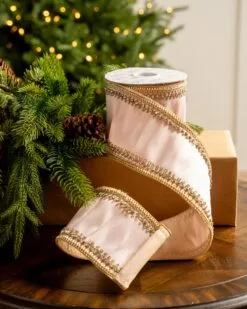 4" X5YD Pink With Gold Crotchet Trim Edge