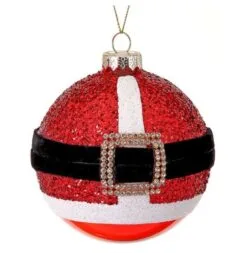 4" Red Glass Santa Belt With Jewel Buckle Ornament Set Of 6