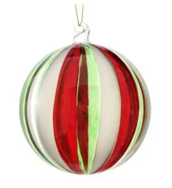 5" Glass Red & Green Stripe Clear Ball Ornament Set Of 6