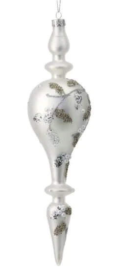 11" White & Silver Beaded Holly Set Of 6