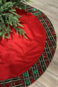 64" Red & Green Hand Beaded Plaid Tree Skirt