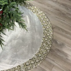 64" Gold & Silver Velvet Hand Beaded Diamond Shape Tree Skirt