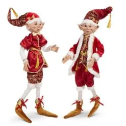 30" Red & Gold Filigree Assorted Posable Elves Set Of 2