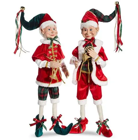 16" Red & Green Carolling Elves Set Of 2 3 16" Red & Green Carolling Elves Set Of 2