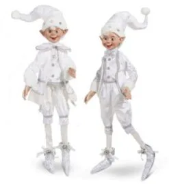 30" White Silver Posable Elf Set Of 2