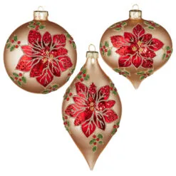 4" Decorative Poinsettia Assorted Glass Ornaments Set Of 6