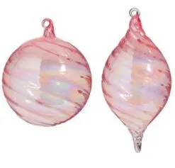 5" Pink Swirl Glass Ornament Set Of 2