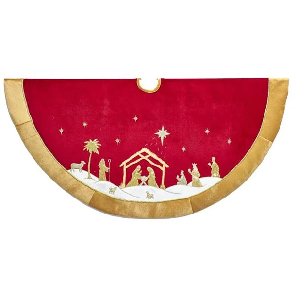 48" Red & Gold Nativity Tree Skirt 3 48" Red & Gold Nativity Tree Skirt