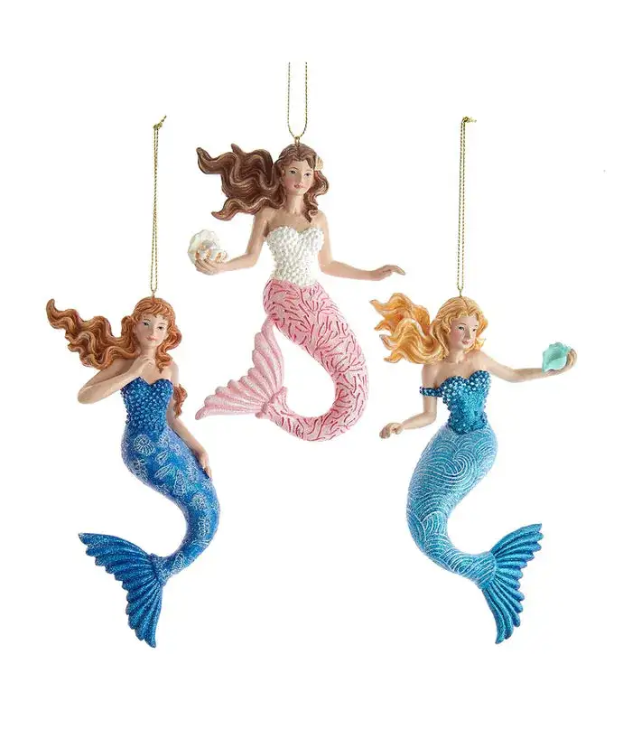 6" Mermaid With Ocean Pattern Ornament Set Of 3 3 6" Mermaid With Ocean Pattern Ornament Set Of 3