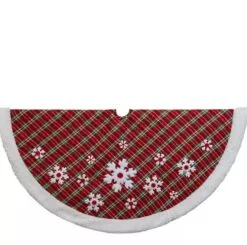 48" Red & Green Plaid Tree Skirt With Snowflakes