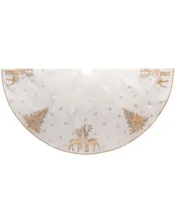 72" White Embroidered Tree Skirt With Deers & Trees