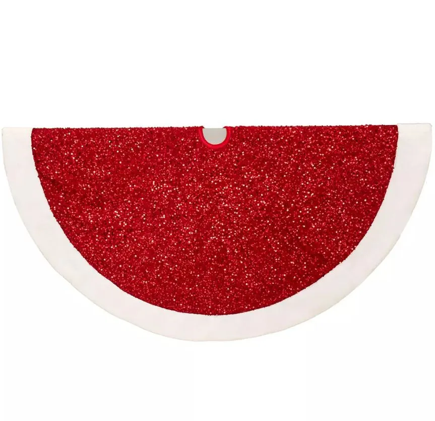 54" Red Sequin Tree Skirt With White Border 3 54" Red Sequin Tree Skirt With White Border