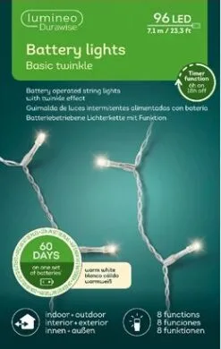 24 FT 96 LED Warm White Transparent Wire 8 Function Twinkle Battery Operated -Christmas decorations Shop 8717427545909B