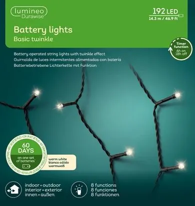 47 FT 192 LED Warm White Black Wire 8 Function Twinkle Battery Operated 5 47 FT 192 LED Warm White Black Wire 8 Function Twinkle Battery Operated - Image 3