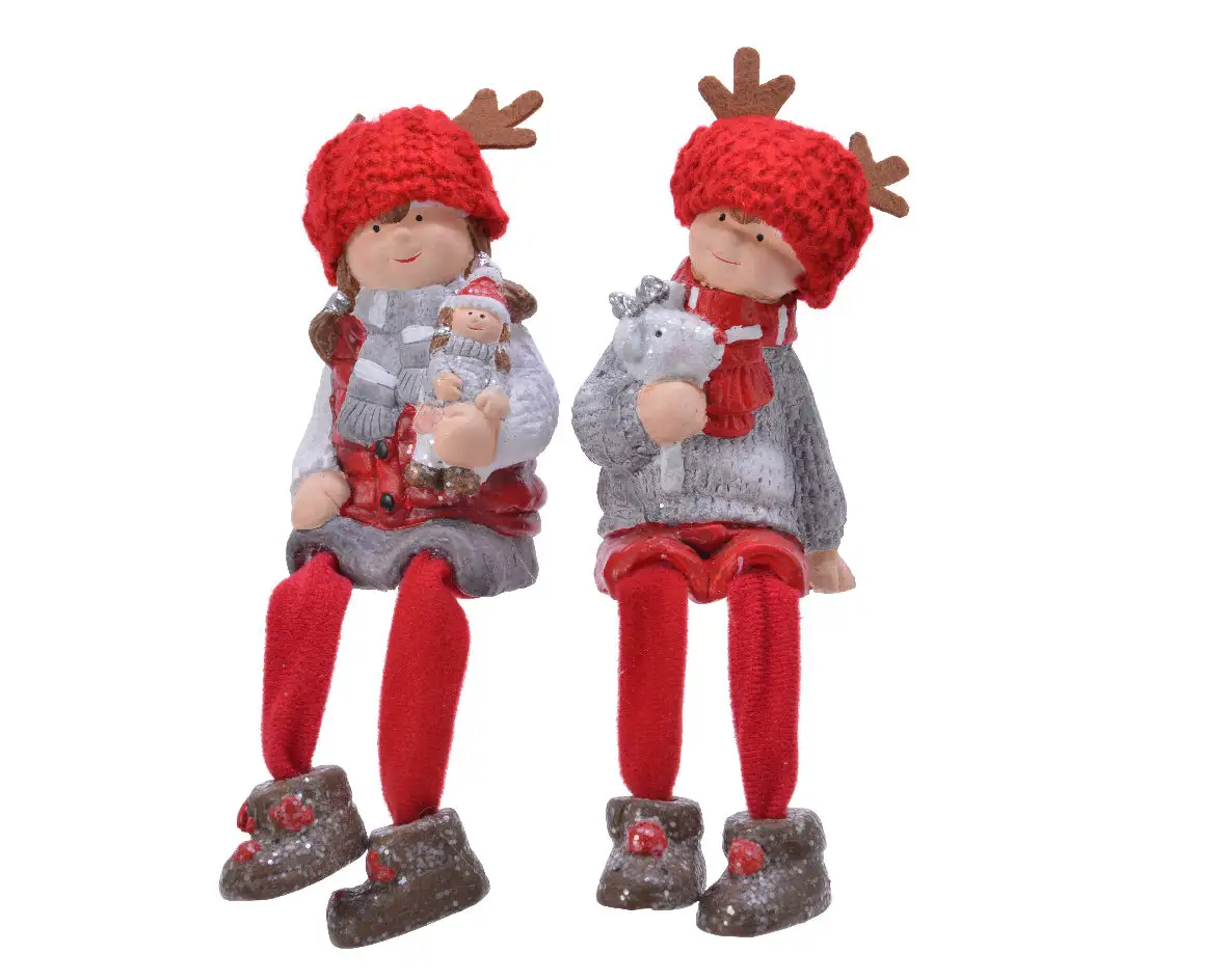 5" Red & Silver Sitting Children Set Of 2 3 5" Red & Silver Sitting Children Set Of 2