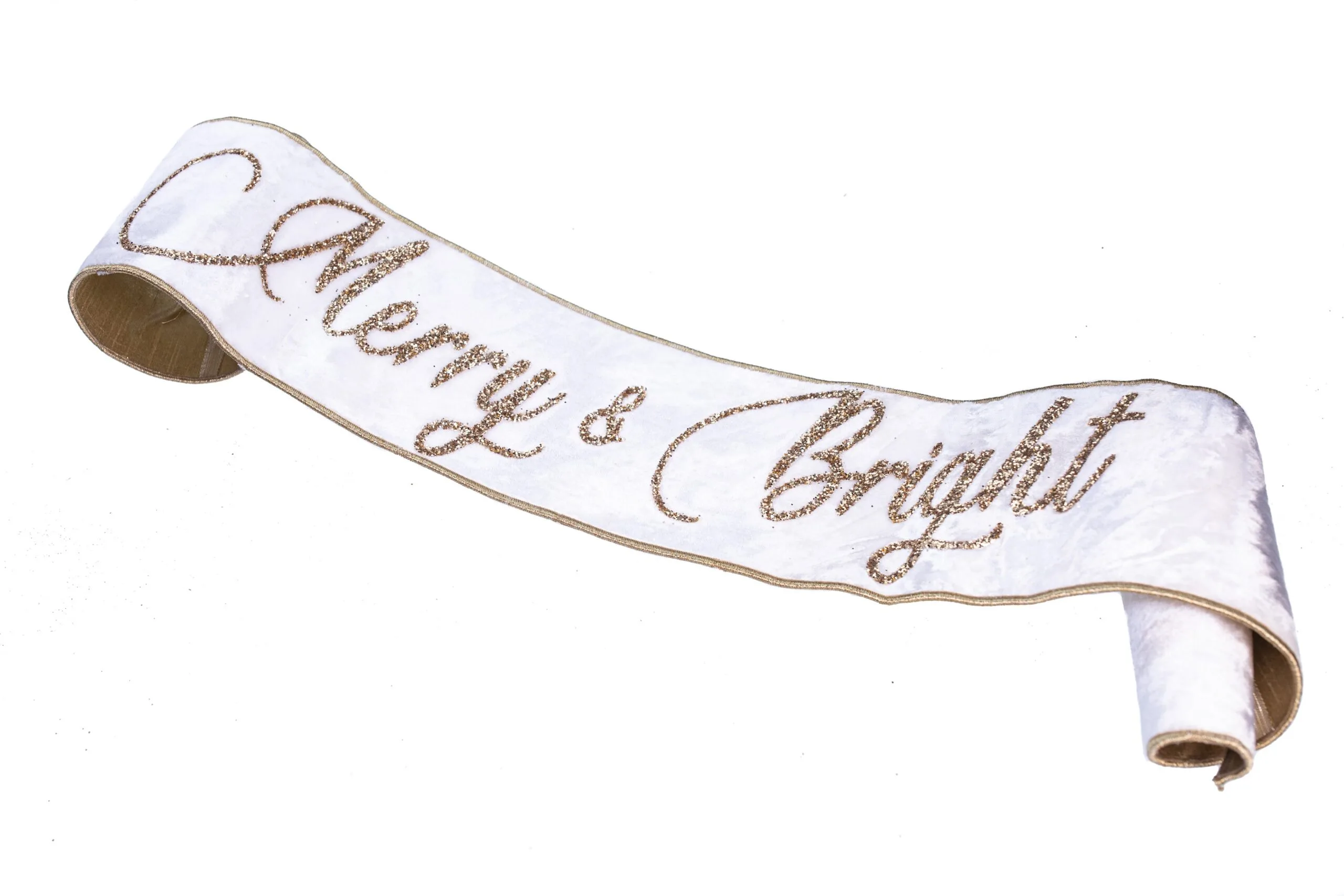 6" X 4 FT White & Gold "Merry & Bright" Banner Ribbon 3 6" X 4 FT White & Gold "Merry & Bright" Banner Ribbon
