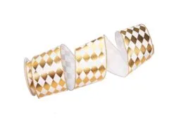 4" X 10 YD White & Gold Foil Harlequin Ribbon